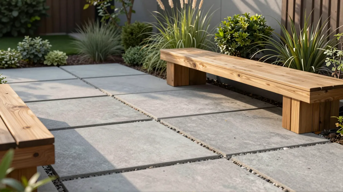 Moderne Gartenterrasse mit geometrischen Steinplatten, Holzplantagen und minimalistischer Bepflanzung