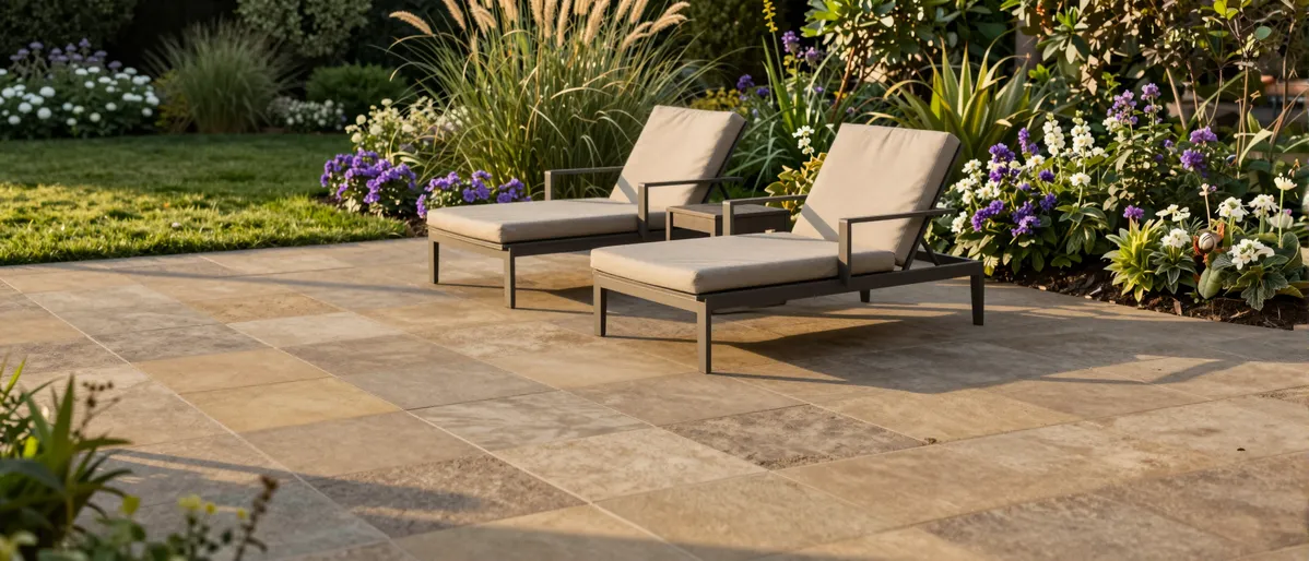 Natürlicher Steinterrasse mit Sandsteinplatten und modernen Loungemöbeln inmitten eines blühenden Gartens