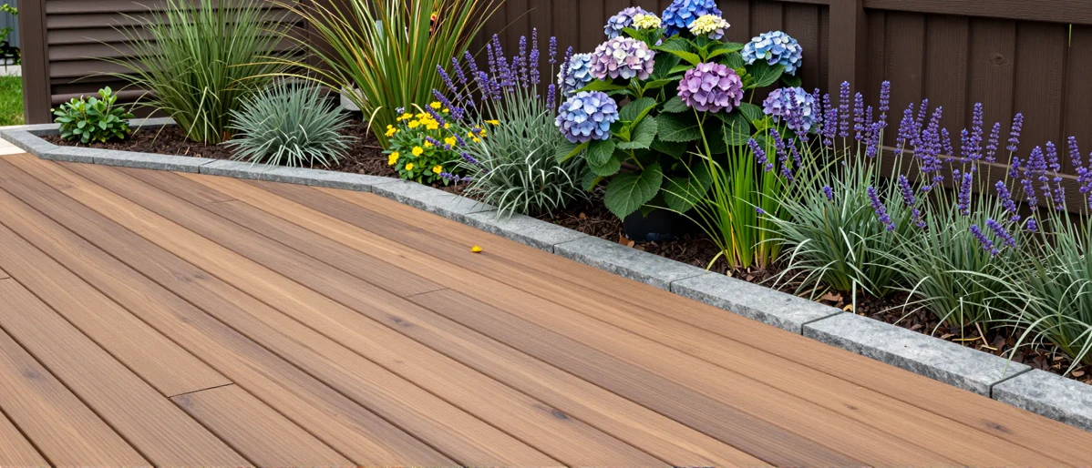 Neu angelegte Holzterrasse mit bepflanzten Rabatten, Ziergraesern und gepflegten Gartenwegen