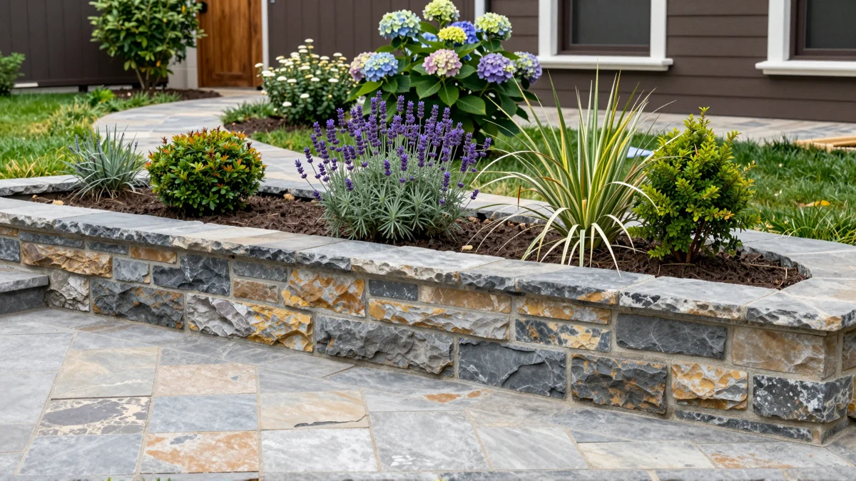 Fertig angelegte Aussenanlage mit Natursteinmauer, Steinterrasse, Pflanzbeeten und gepflastertem Weg