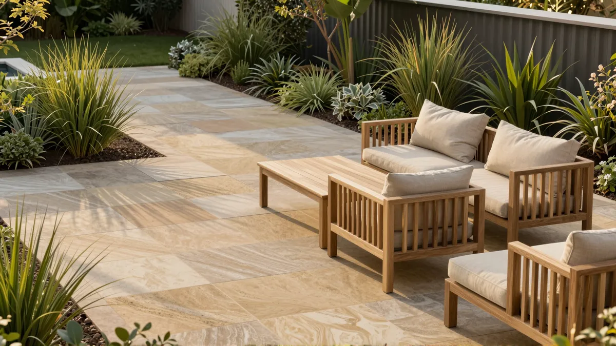 Moderne Gartenterrasse mit geometrischen Pflastersteinen, Teakmöbeln und Ziergräsern in warmen Sandsteintönen