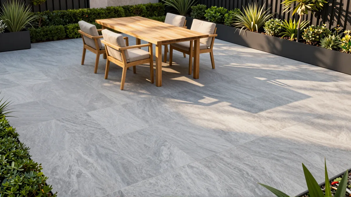 Moderne Gartenterrasse mit grauen Kalksteinfliesen, minimalistischen Möbeln und gepflegten Buchsbaumhecken