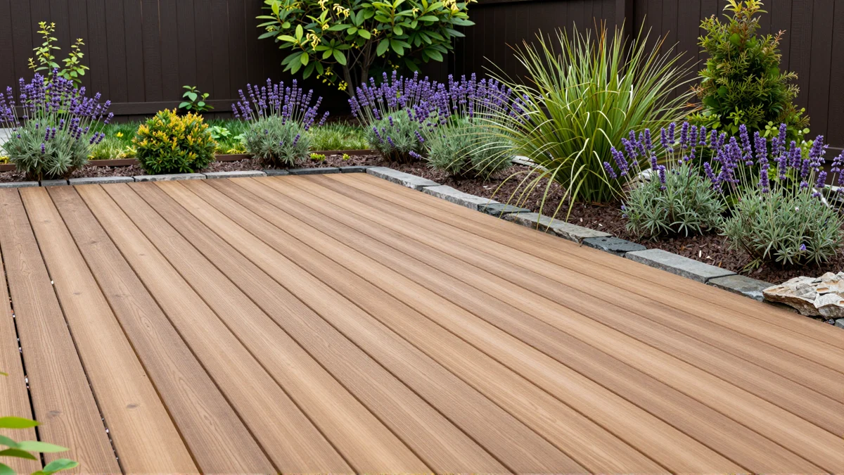 Neu angelegte Holzterrasse mit bepflanzten Rabatten, Ziergraesern und gepflegten Gartenwegen