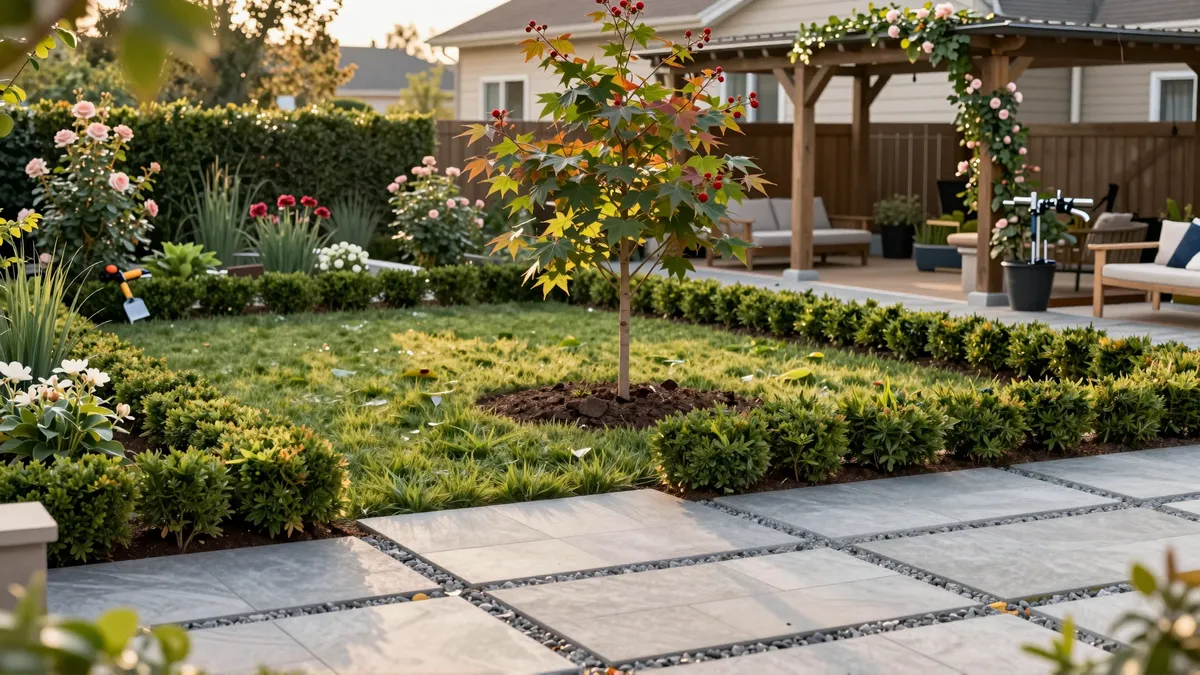 Ein neu gestalteter Garten mit Terrasse, gepflegtem Rasen, blühenden Pflanzen und einer Pergola mit Kletterrosen