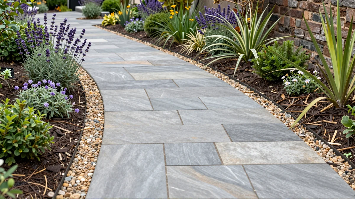 Frisch bepflanztes Gartenbeet neben einer Terrasse mit Lavendel, Hortensien, Straeuchern und Ziergraesern