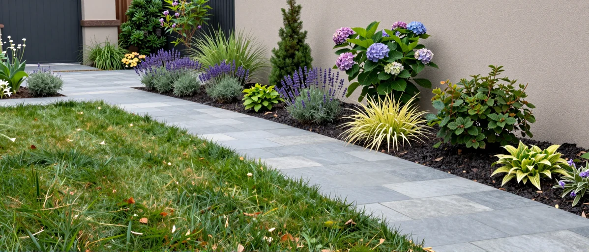 Frisch bepflanztes Gartenbeet neben einer Terrasse mit Lavendel, Hortensien, Straeuchern und Ziergraesern