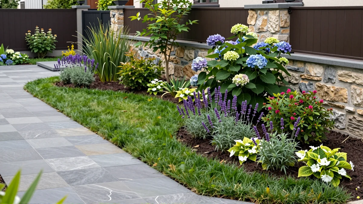 Frisch bepflanztes Gartenbeet neben einer Terrasse mit Lavendel, Hortensien, Straeuchern und Ziergraesern