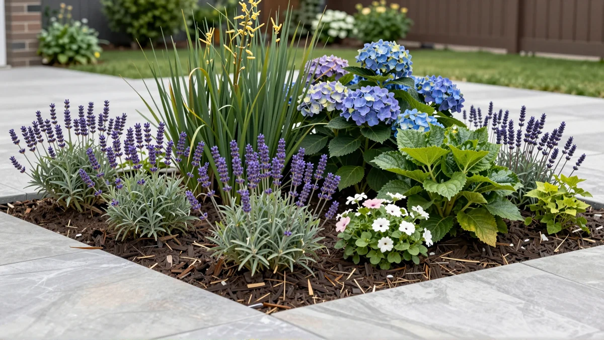 Frisch bepflanztes Gartenbeet neben einer Terrasse mit Lavendel, Hortensien, Straeuchern und Ziergraesern