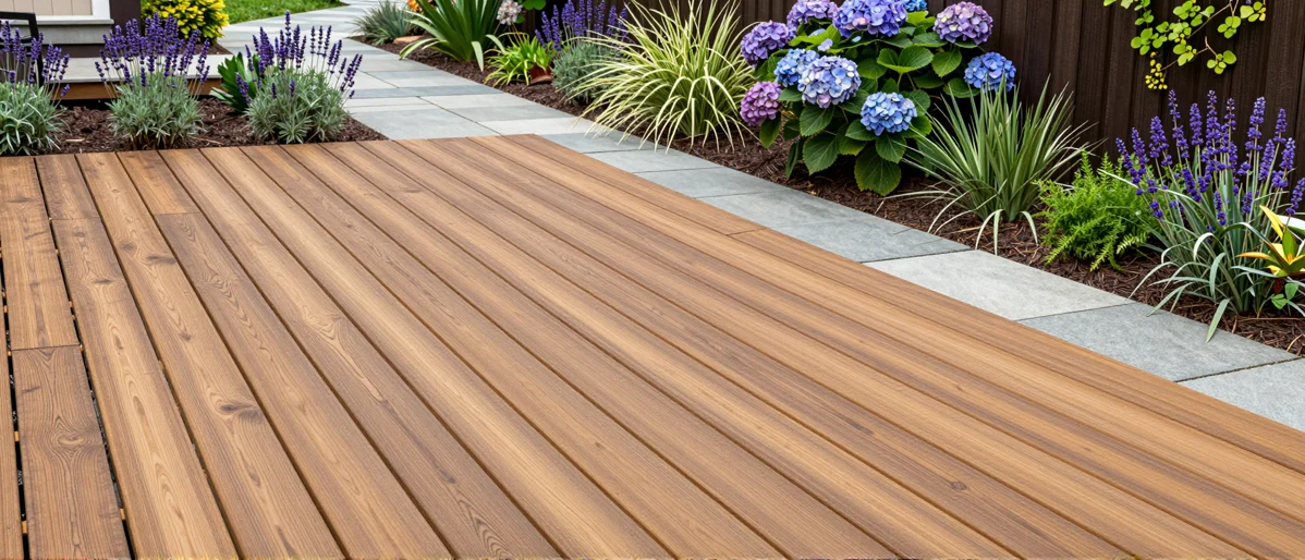 Neu angelegte Holzterrasse mit bepflanzten Rabatten, Ziergraesern und gepflegten Gartenwegen
