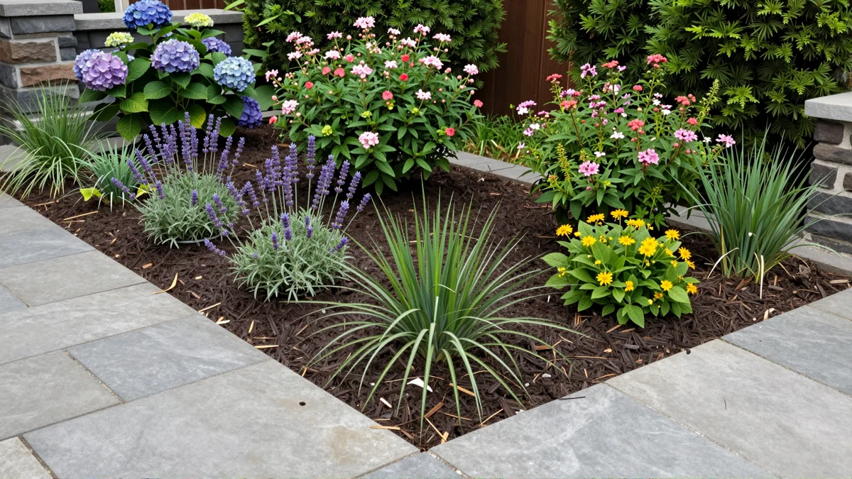 Frisch bepflanztes Gartenbeet neben einer Terrasse mit Lavendel, Hortensien, Straeuchern und Ziergraesern