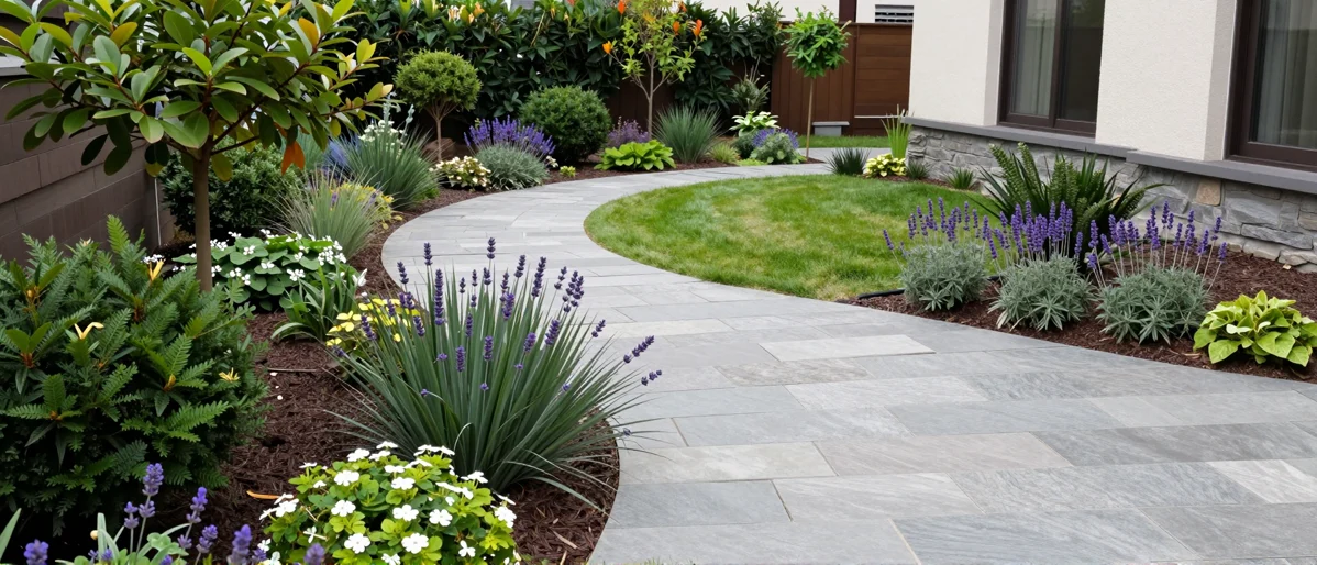 Frisch bepflanztes Gartenbeet neben einer Terrasse mit Lavendel, Hortensien, Straeuchern und Ziergraesern