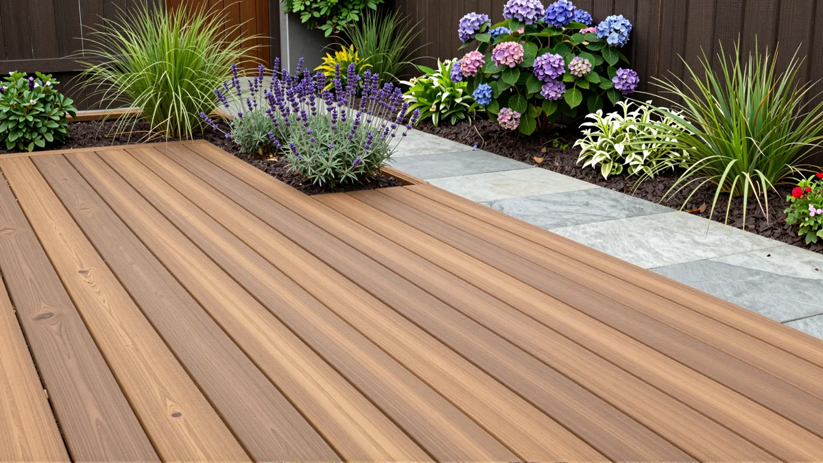 Neu angelegte Holzterrasse mit bepflanzten Rabatten, Ziergraesern und gepflegten Gartenwegen