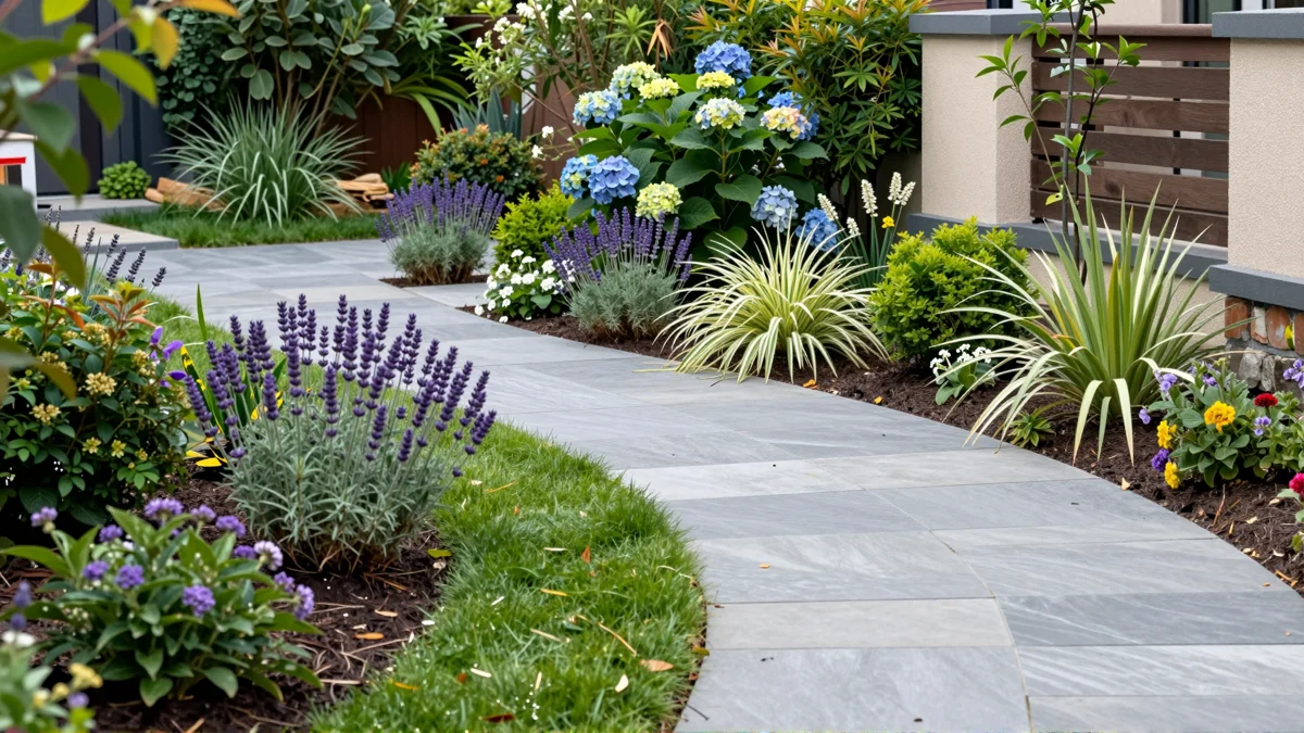 Frisch bepflanztes Gartenbeet neben einer Terrasse mit Lavendel, Hortensien, Straeuchern und Ziergraesern