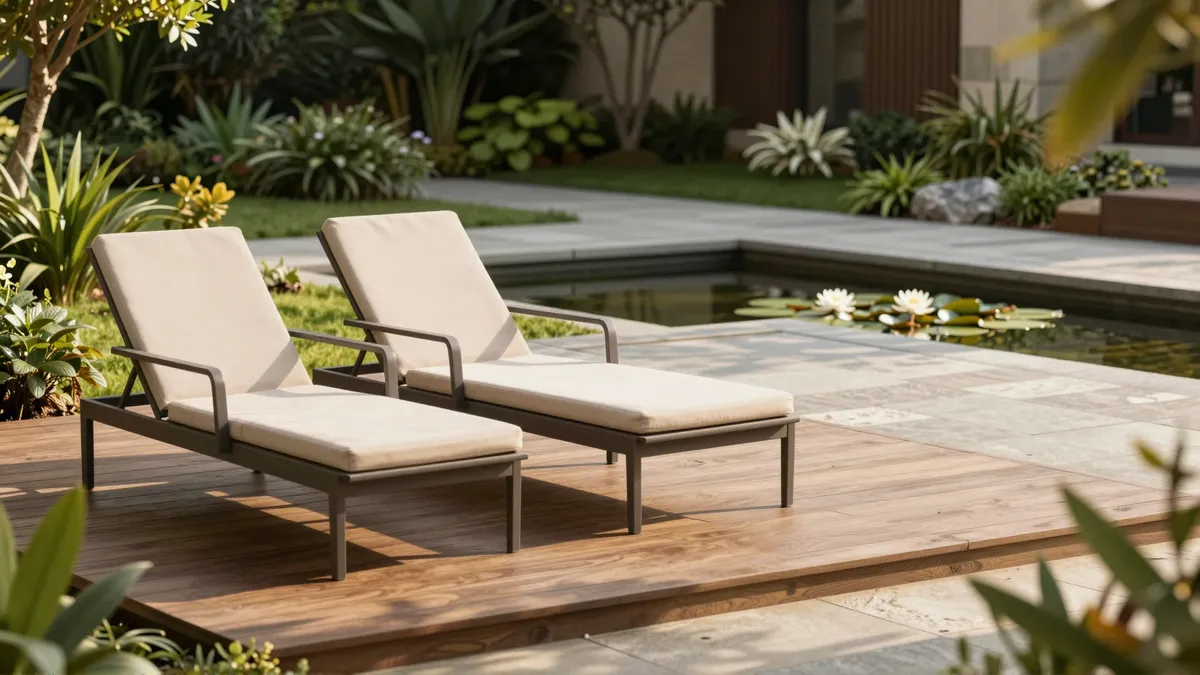 Ein gepflegter Garten mit Holzterrasse, Lounge-Stühlen und einem kleinen Teich mit Seerosen