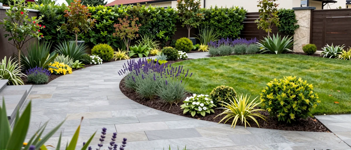 Frisch bepflanztes Gartenbeet neben einer Terrasse mit Lavendel, Hortensien, Straeuchern und Ziergraesern