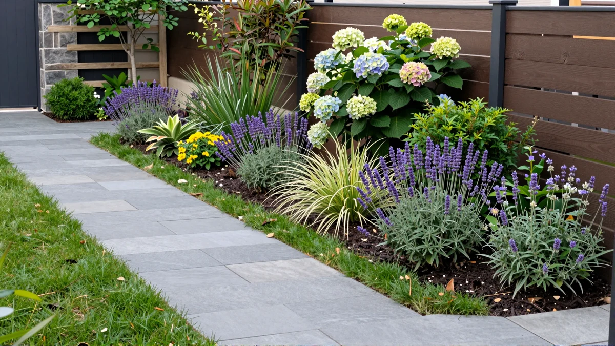 Moderner Privatgarten mit Natursteinterrasse, geschwungenem Weg, Rasen und uepigen Pflanzbeeten