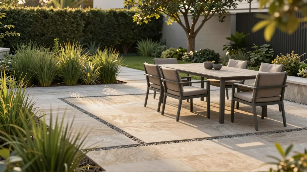Moderne Gartenterrasse mit Sandsteinplatten, minimalistischen Möbeln und gepflegten Buchsbaumhecken