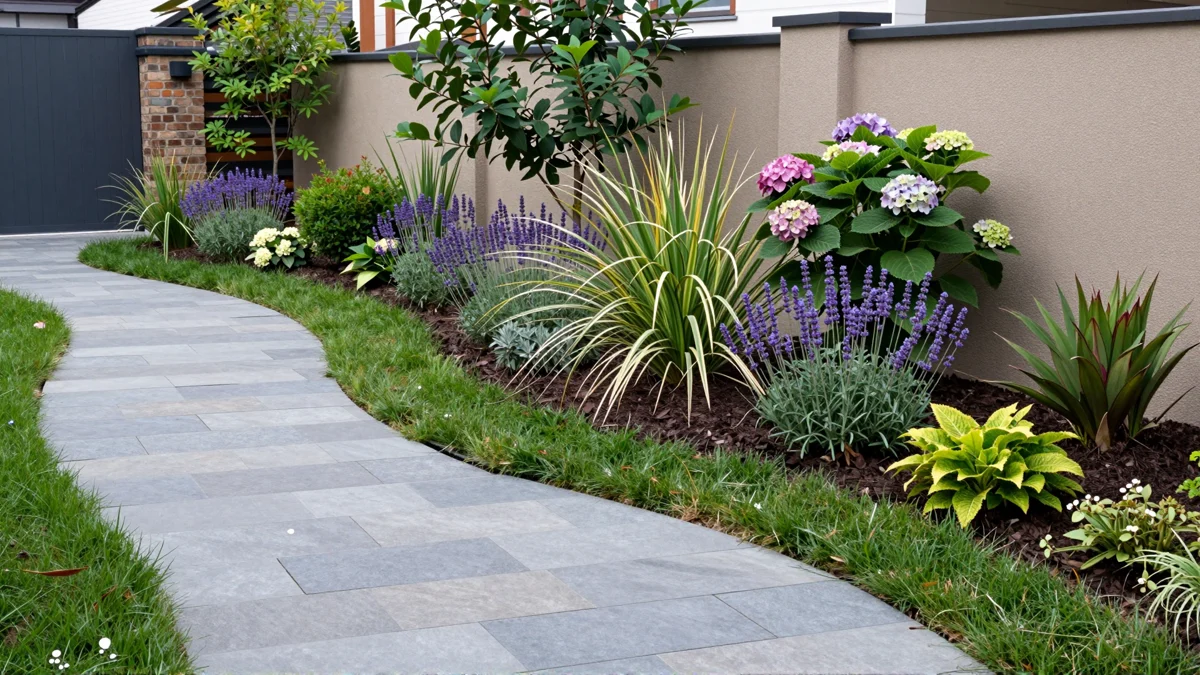 Frisch bepflanztes Gartenbeet neben einer Terrasse mit Lavendel, Hortensien, Straeuchern und Ziergraesern