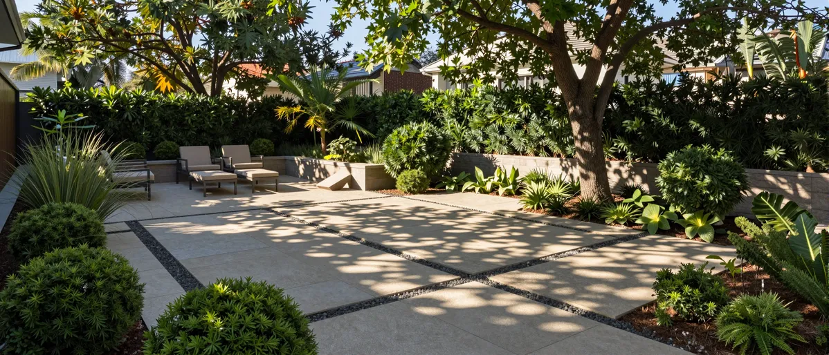 Moderne Gartenterrasse mit Natursteinpflaster, gepflegten Sträuchern und minimalistischen Möbeln unter Bäumen
