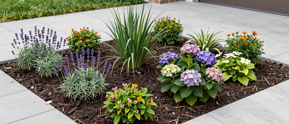 Frisch bepflanztes Gartenbeet neben einer Terrasse mit Lavendel, Hortensien, Straeuchern und Ziergraesern