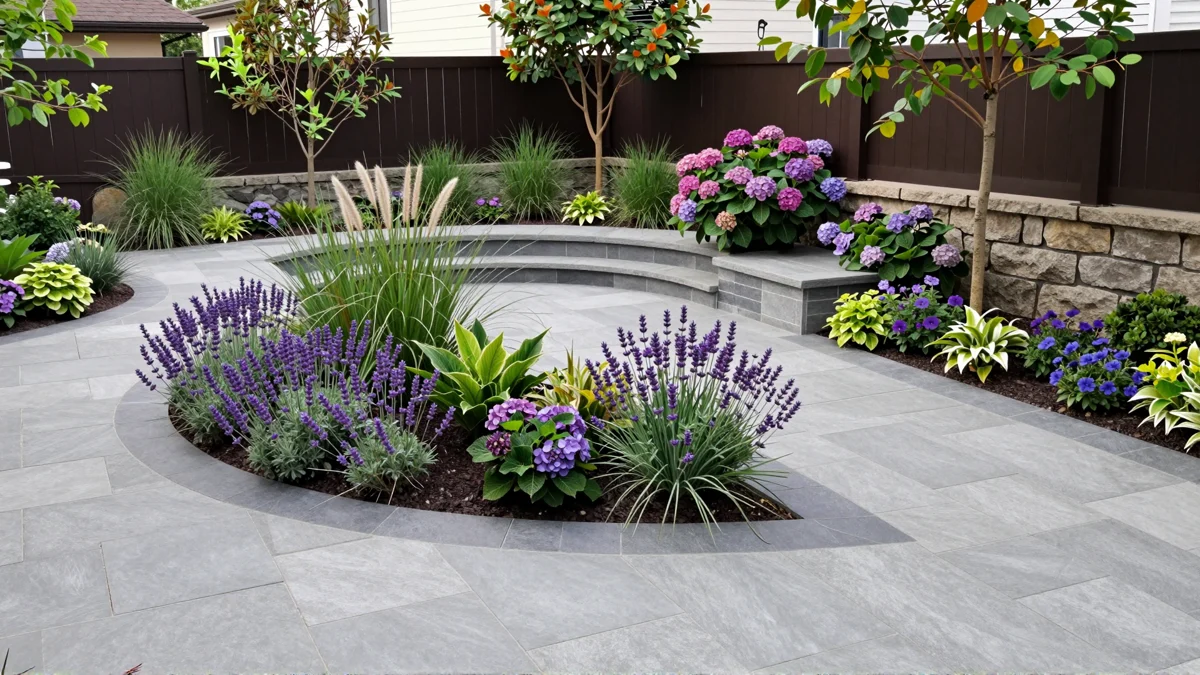 Frisch bepflanztes Gartenbeet neben einer Terrasse mit Lavendel, Hortensien, Straeuchern und Ziergraesern