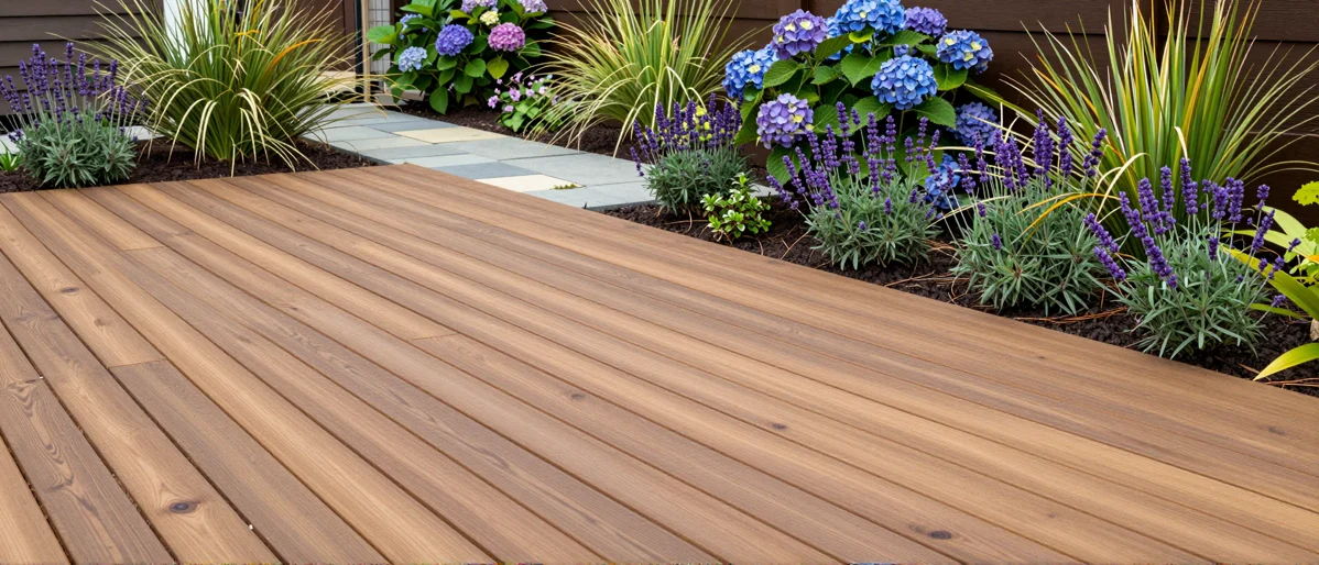 Neu angelegte Holzterrasse mit bepflanzten Rabatten, Ziergraesern und gepflegten Gartenwegen