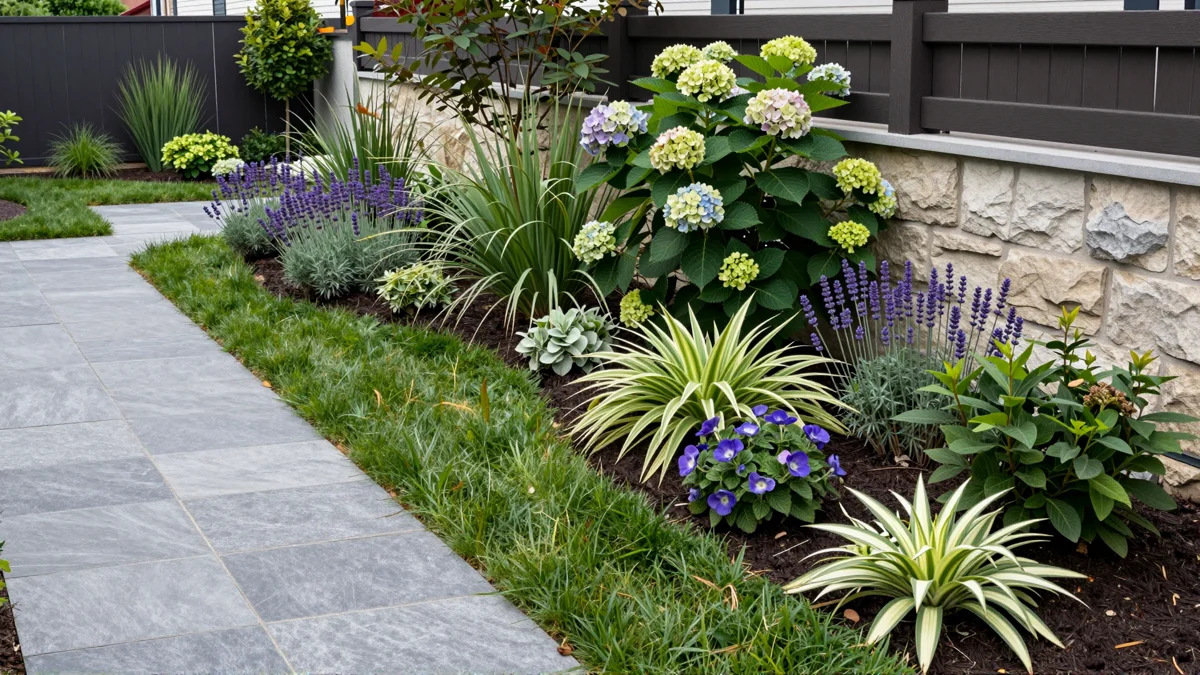 Frisch bepflanztes Gartenbeet neben einer Terrasse mit Lavendel, Hortensien, Straeuchern und Ziergraesern