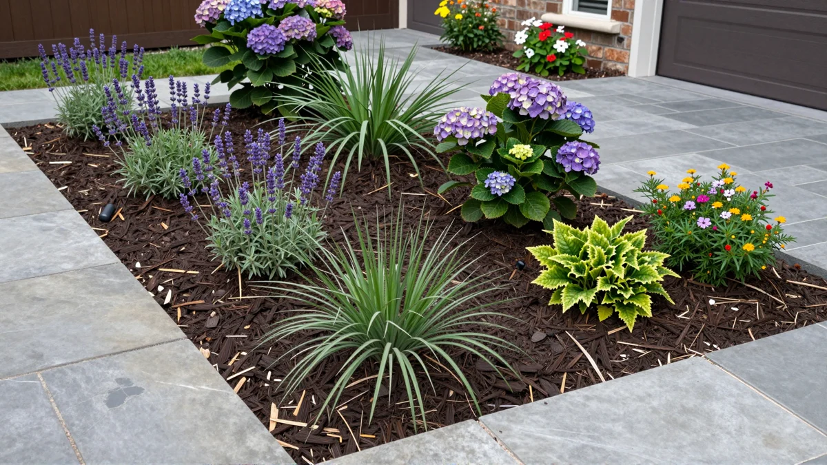 Frisch bepflanztes Gartenbeet neben einer Terrasse mit Lavendel, Hortensien, Straeuchern und Ziergraesern