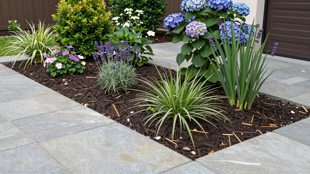 Frisch bepflanztes Gartenbeet neben einer Terrasse mit Lavendel, Hortensien, Straeuchern und Ziergraesern