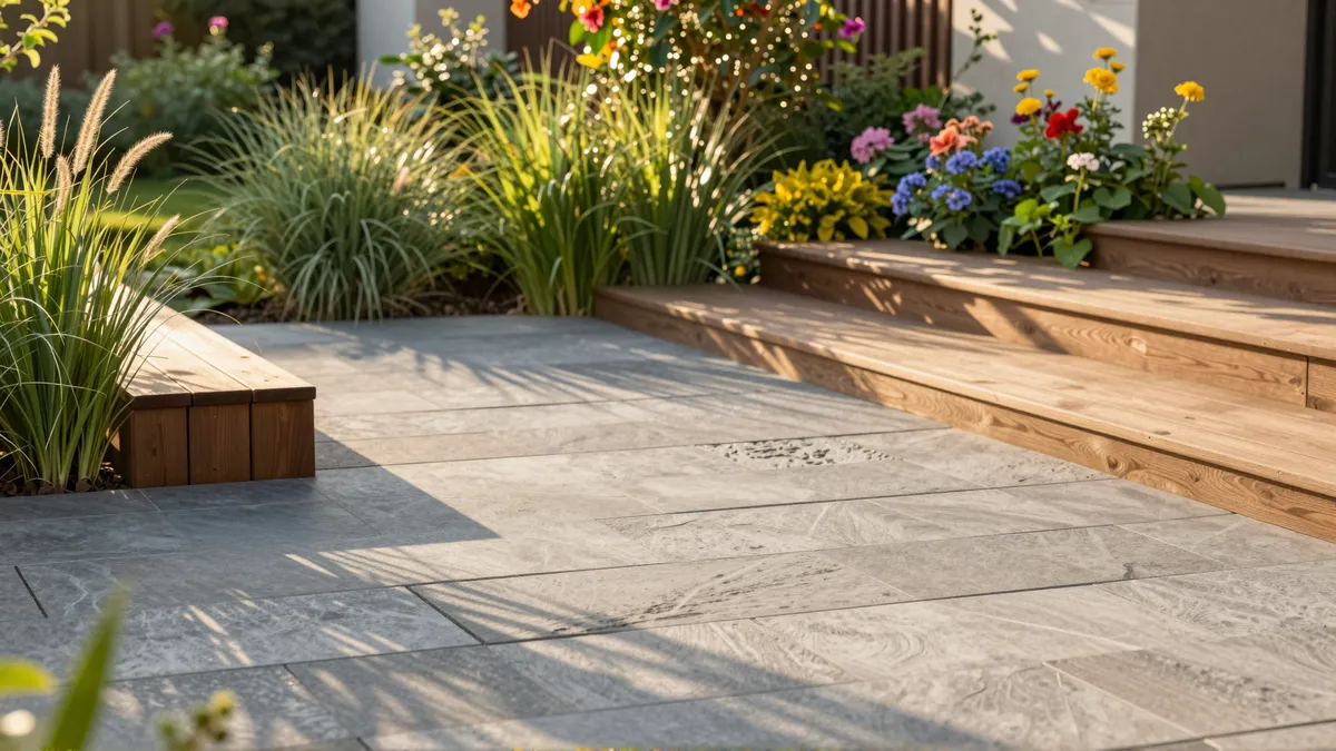 Eine gepflegte Gartenterrasse mit Natursteinpflaster und Holzdeck, umgeben von blühenden Sträuchern und Ziergräsern