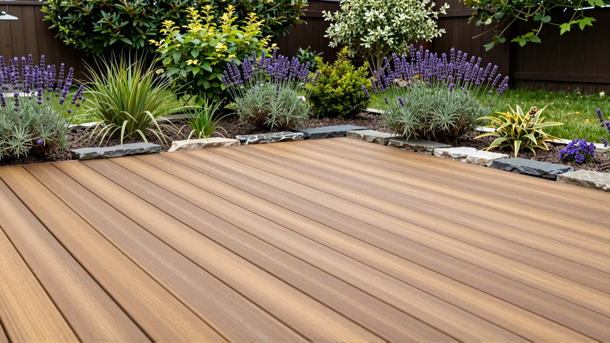 Neu angelegte Holzterrasse mit bepflanzten Rabatten, Ziergraesern und gepflegten Gartenwegen