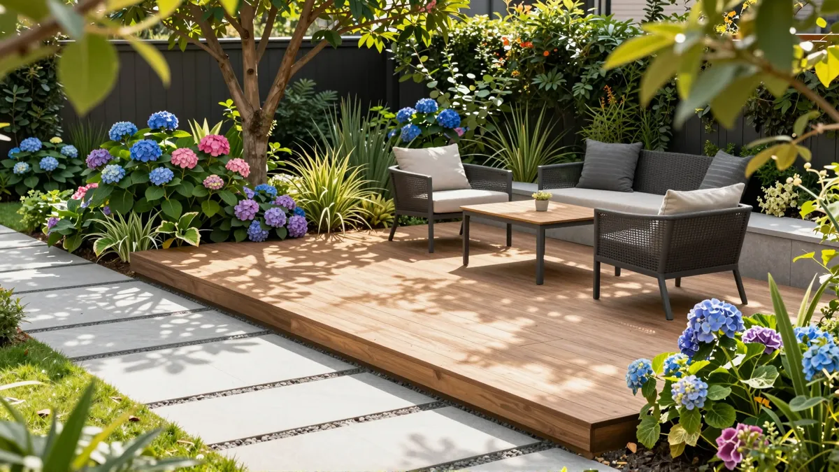 Ein gepflegter Garten mit Holzterrasse, farbenfrohen Blumen und modernen Möbeln in morgendlichem Licht