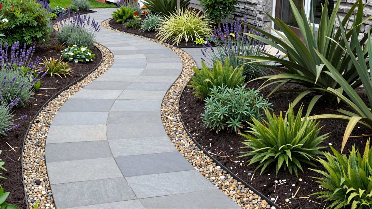 Frisch bepflanztes Gartenbeet neben einer Terrasse mit Lavendel, Hortensien, Straeuchern und Ziergraesern