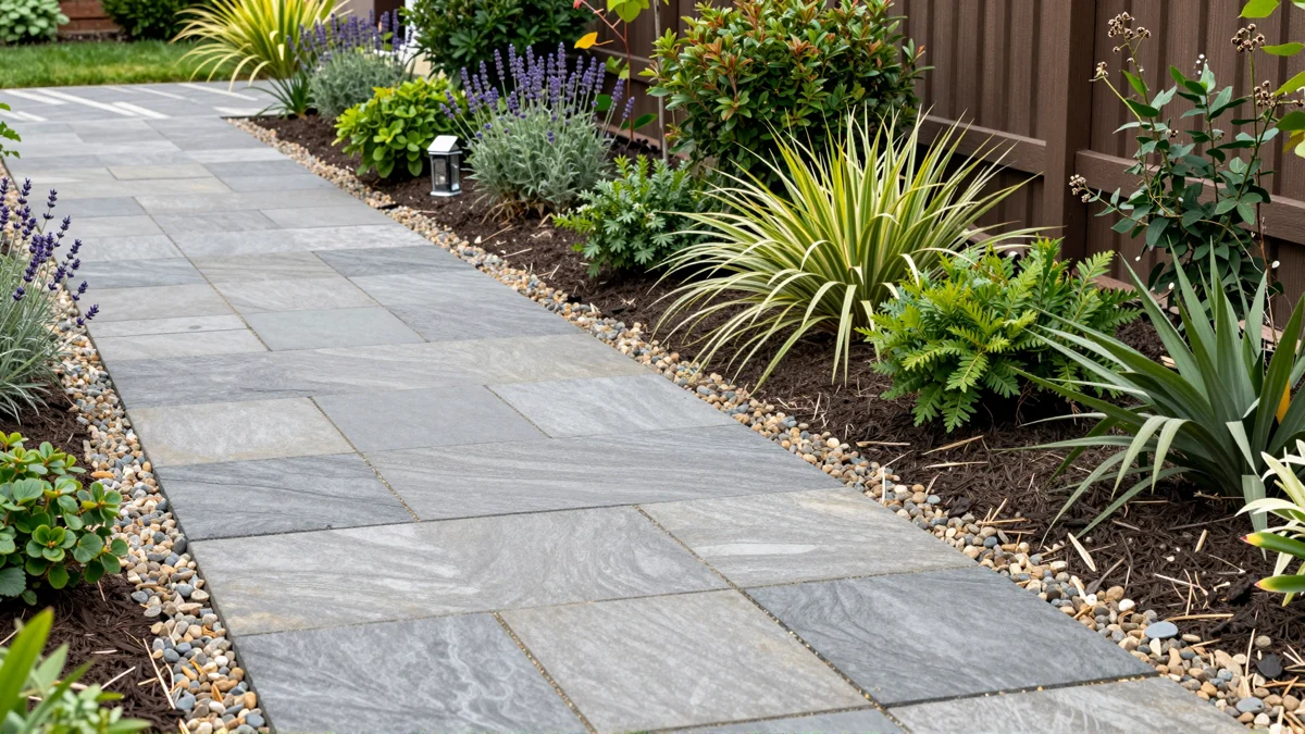 Frisch bepflanztes Gartenbeet neben einer Terrasse mit Lavendel, Hortensien, Straeuchern und Ziergraesern
