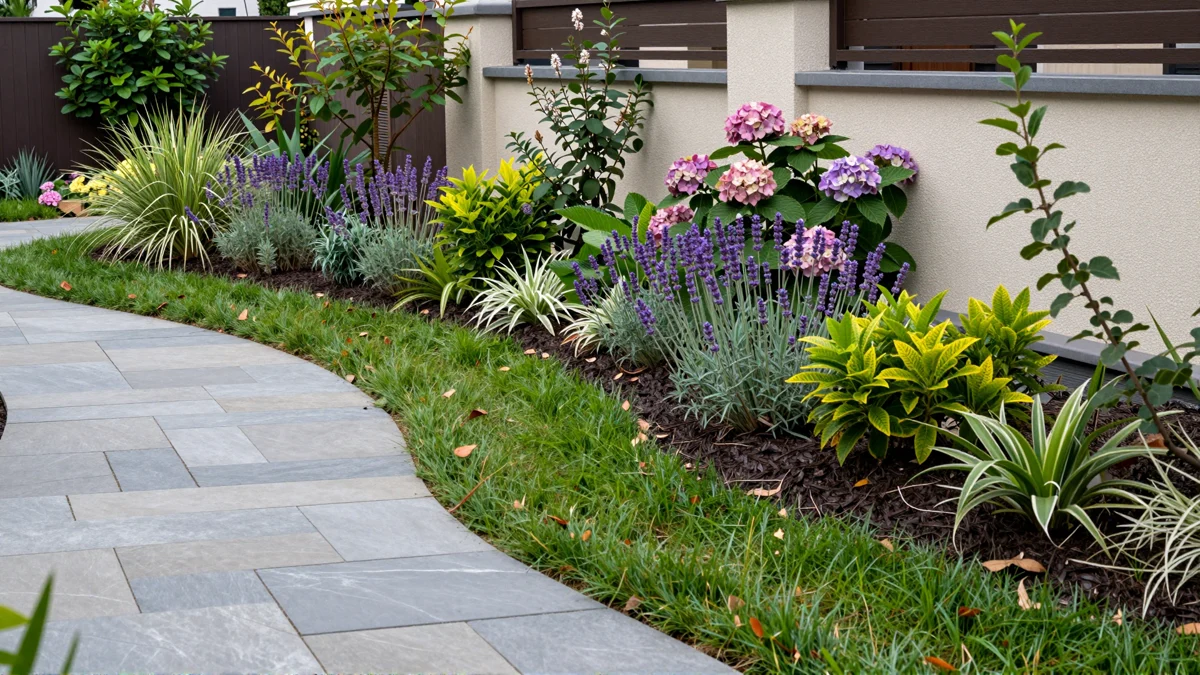 Frisch bepflanztes Gartenbeet neben einer Terrasse mit Lavendel, Hortensien, Straeuchern und Ziergraesern