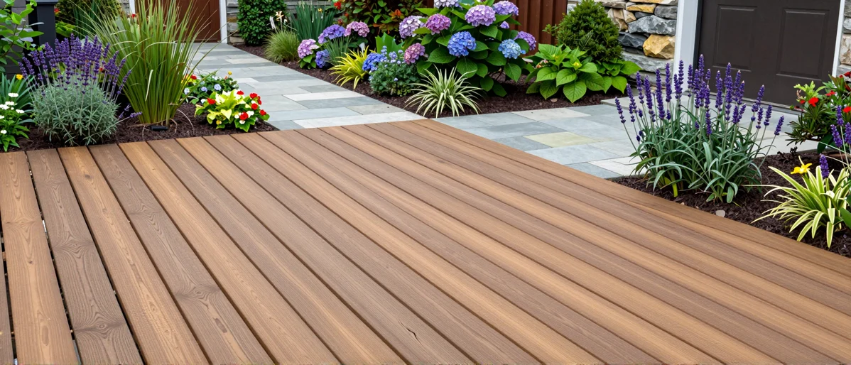 Neu angelegte Holzterrasse mit bepflanzten Rabatten, Ziergraesern und gepflegten Gartenwegen