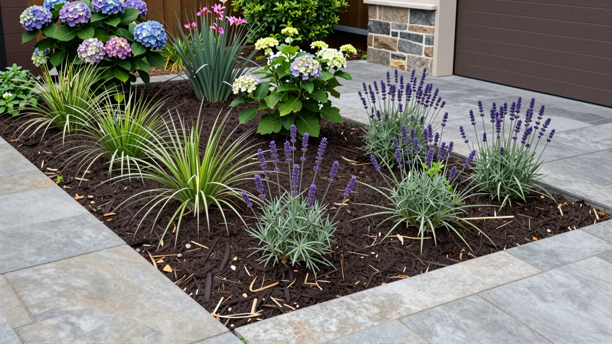 Frisch bepflanztes Gartenbeet neben einer Terrasse mit Lavendel, Hortensien, Straeuchern und Ziergraesern