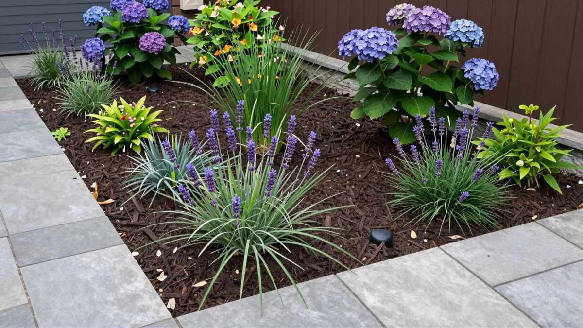Frisch bepflanztes Gartenbeet neben einer Terrasse mit Lavendel, Hortensien, Straeuchern und Ziergraesern