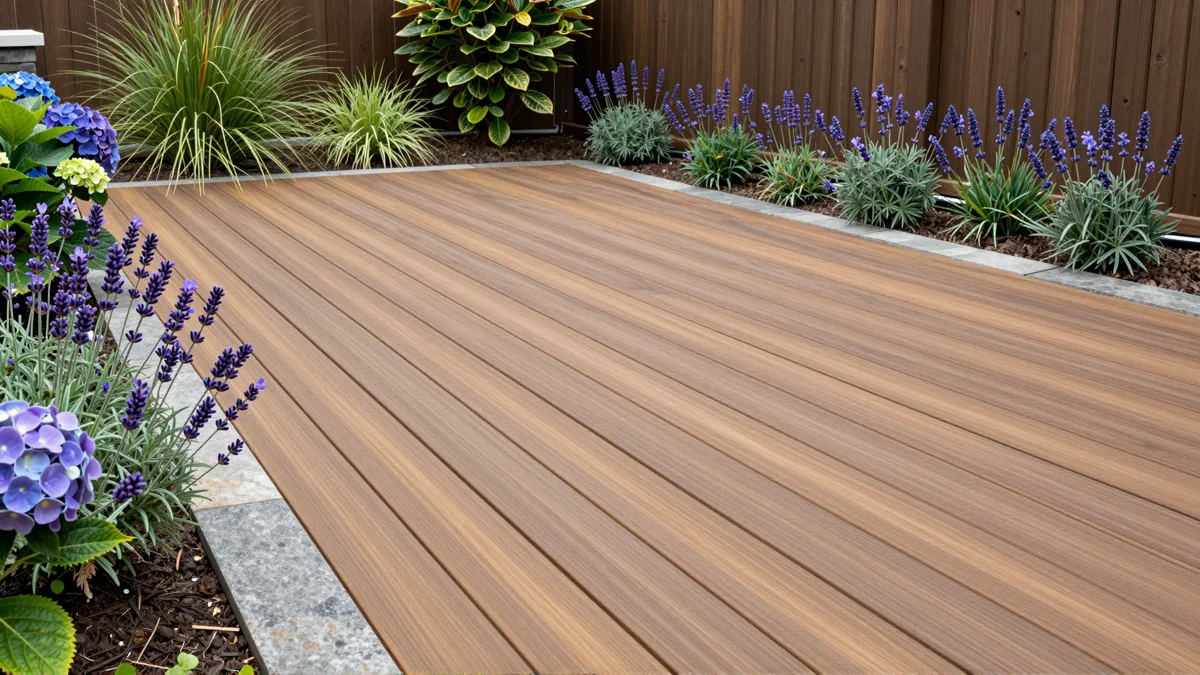 Neu angelegte Holzterrasse mit bepflanzten Rabatten, Ziergraesern und gepflegten Gartenwegen