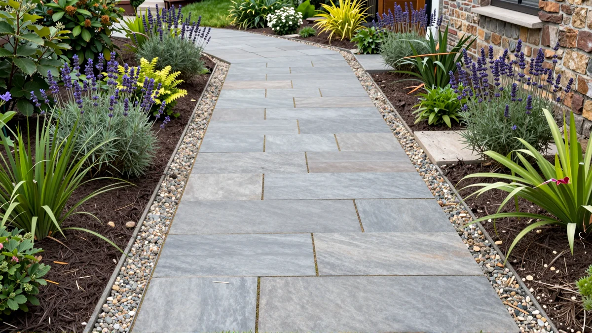 Frisch bepflanztes Gartenbeet neben einer Terrasse mit Lavendel, Hortensien, Straeuchern und Ziergraesern