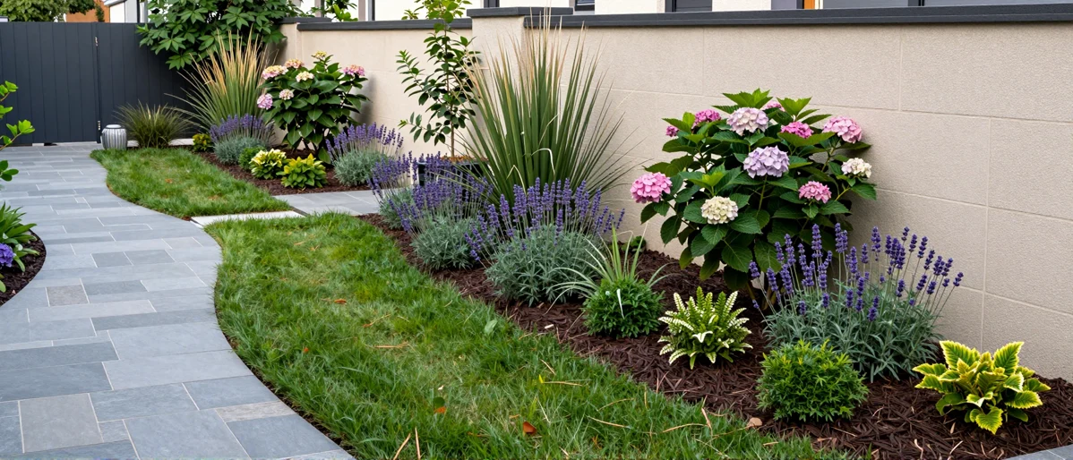 Frisch bepflanztes Gartenbeet neben einer Terrasse mit Lavendel, Hortensien, Straeuchern und Ziergraesern