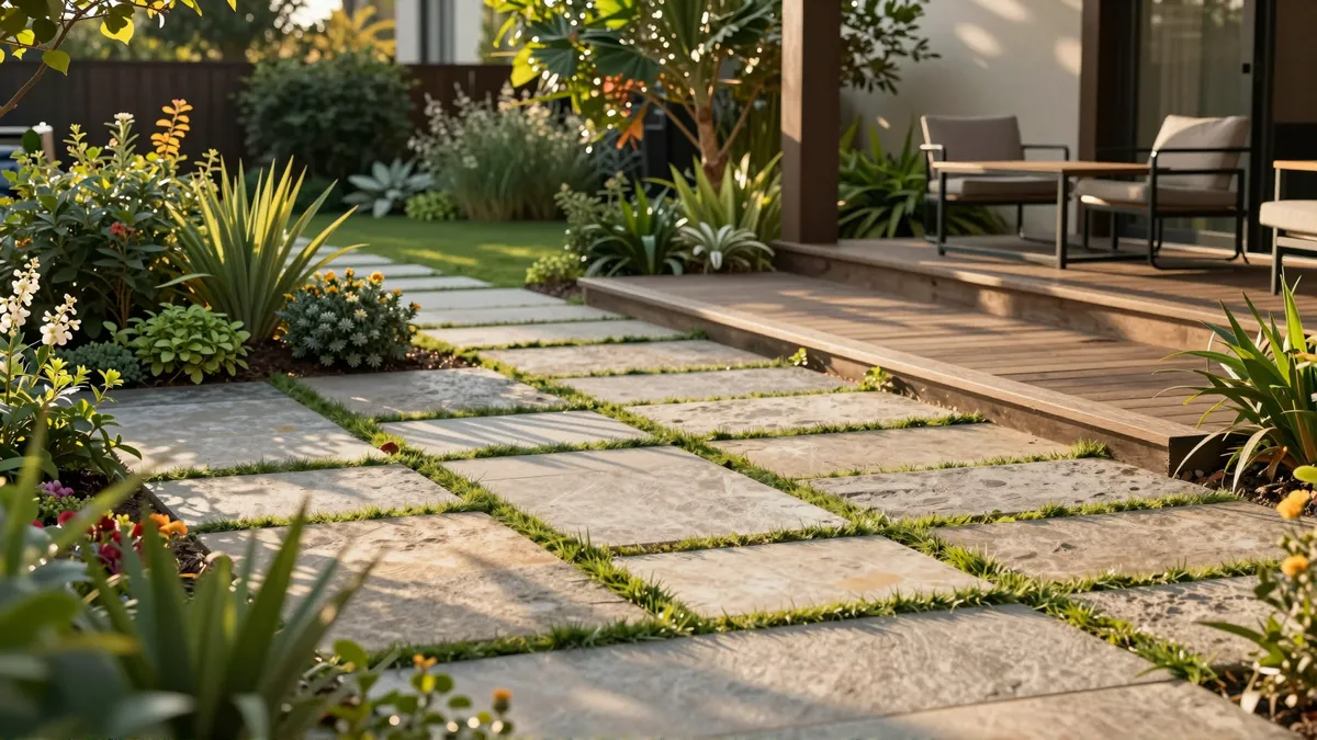 Ein gepflegter Garten mit Sandstein-Pflaster und modernem Holzdeck, umgeben von grünen Sträuchern und Blumen