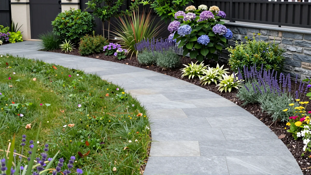 Frisch bepflanztes Gartenbeet neben einer Terrasse mit Lavendel, Hortensien, Straeuchern und Ziergraesern